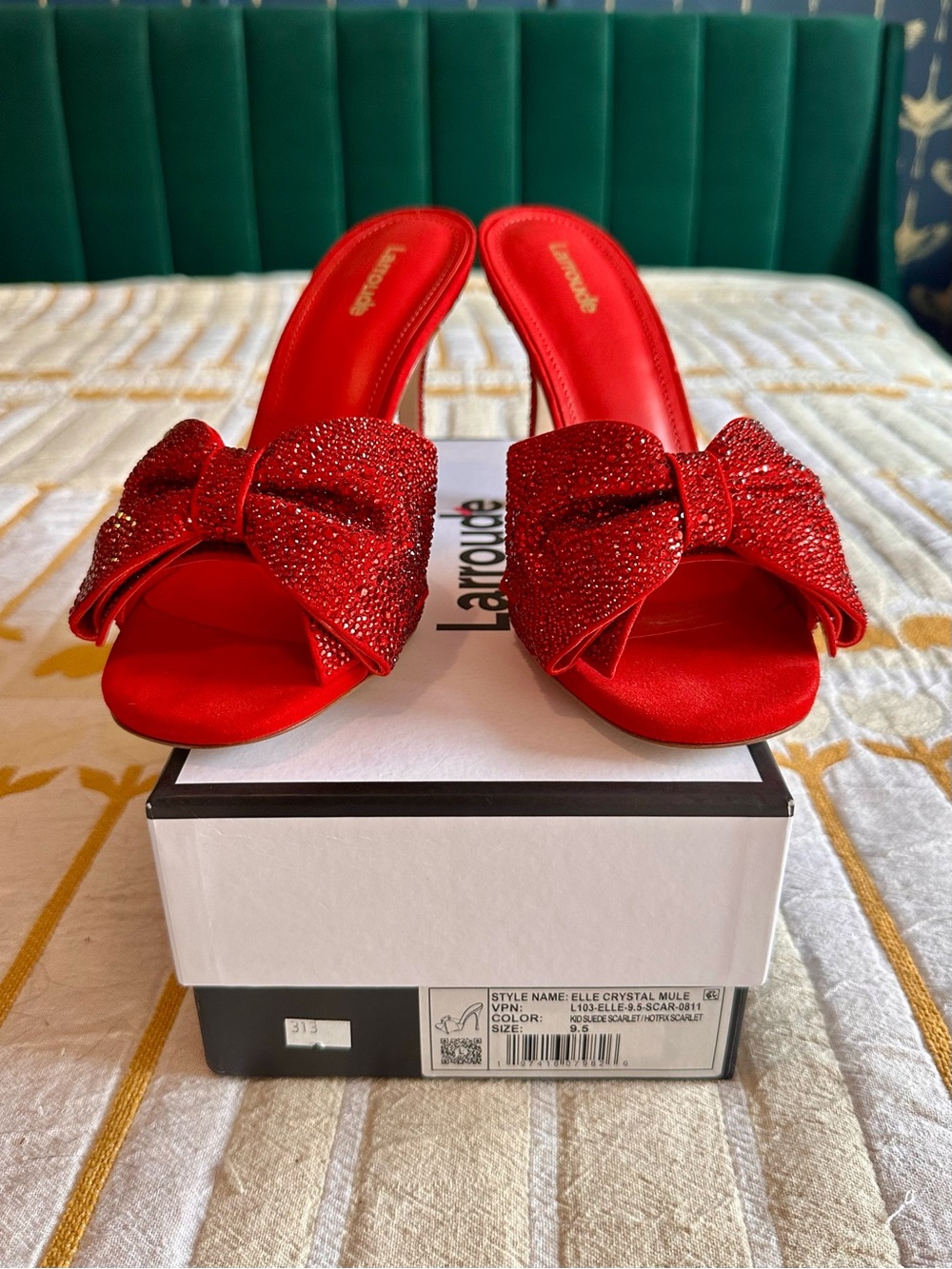 Larroude Elle Crystal Mule Scarlet Red Rhinestone Bow Heels size 9.5 NIB
